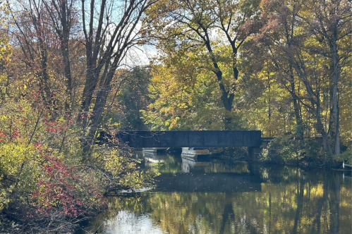 A serene scene of a wooden bridge over a calm river, surrounded by colorful autumn foliage.