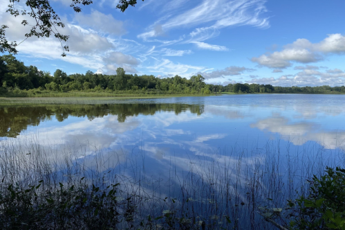 A serene lake scene with blue skies, fluffy clouds, and lush greenery reflected in the calm water.
