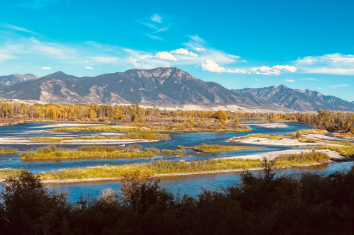 A scenic view of a winding river surrounded by lush greenery and mountains under a clear blue sky.