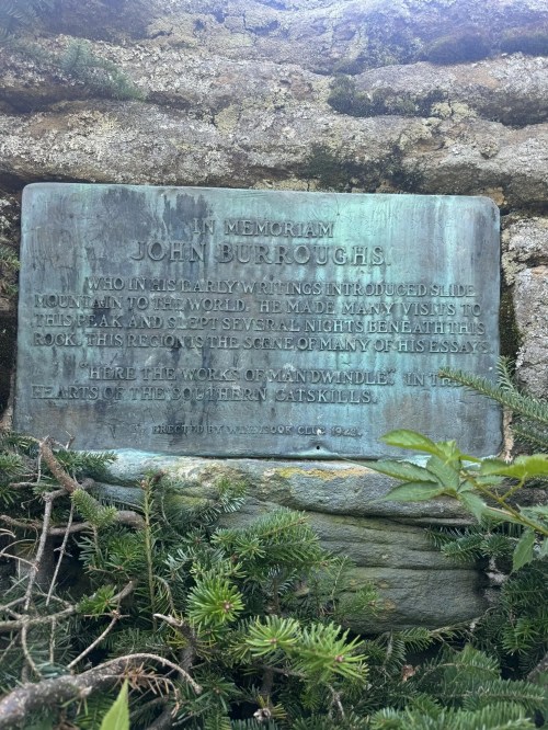 Bronze plaque honoring John Burroughs, detailing his contributions and connection to the Catskills region.