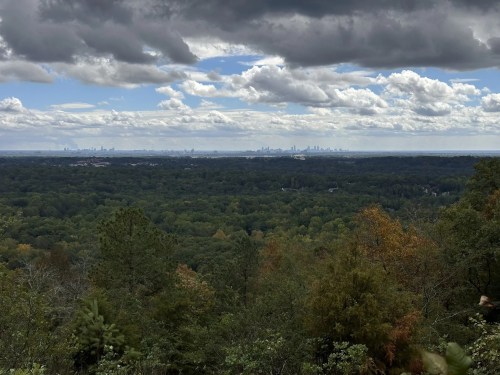 A panoramic view of a city skyline in the distance, surrounded by lush green trees and a cloudy sky.