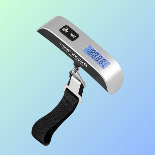 Digital luggage scale with a black strap and LCD display, set against a gradient blue background.