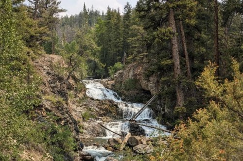 A serene waterfall cascades through rocky terrain, surrounded by lush green trees and a peaceful forest landscape.