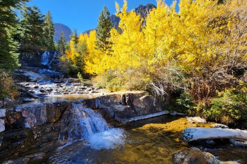 A serene waterfall cascades over rocks, surrounded by vibrant autumn foliage and clear blue skies.