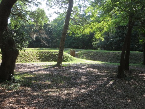 A sunlit landscape featuring grassy mounds and trees, with a pathway leading through the center.