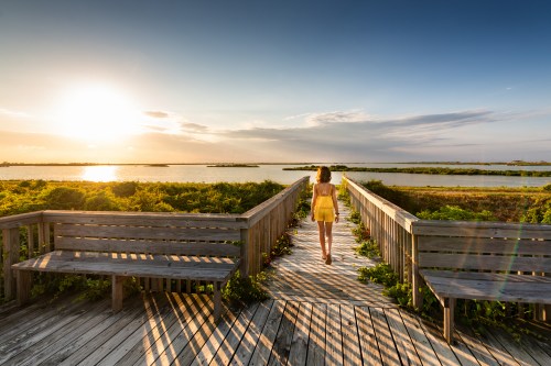 A woman walks along a wooden boardwalk by a serene waterfront at sunset, surrounded by lush greenery.