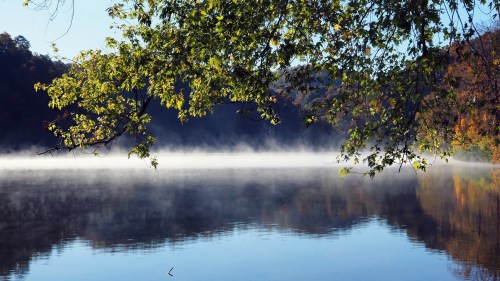 A serene lake surrounded by trees, with mist rising from the water and autumn foliage in the background.