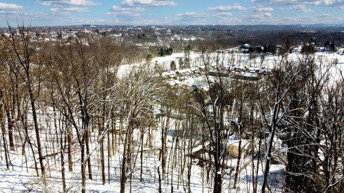 A snowy landscape with bare trees, rolling hills, and a distant view of houses under a partly cloudy sky.