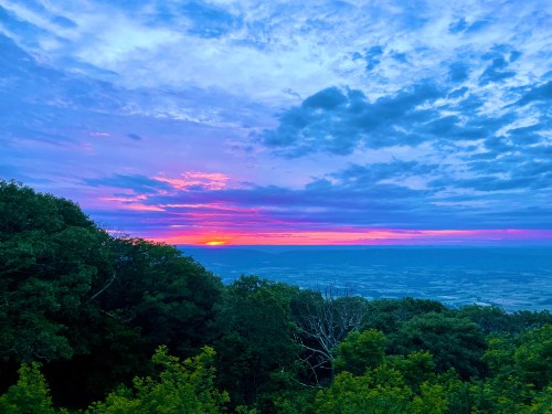 A vibrant sunset over a valley, with purple and pink hues in the sky, framed by lush green trees.