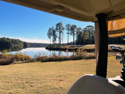 A serene lake view framed by trees, seen from a golf cart on a sunny day.