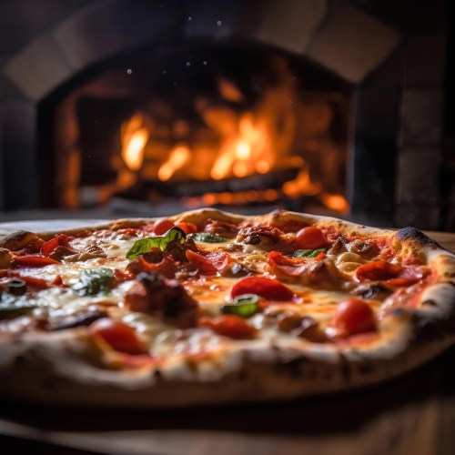A freshly baked pizza with toppings, in front of a glowing fireplace.