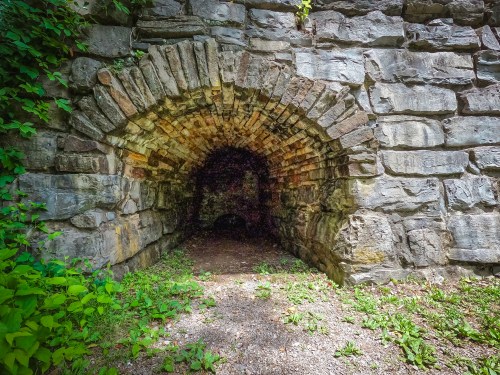 An arched stone entrance surrounded by greenery, leading into a dark, shadowy passageway.