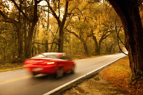 A red car speeds down a tree-lined road, surrounded by golden autumn foliage.