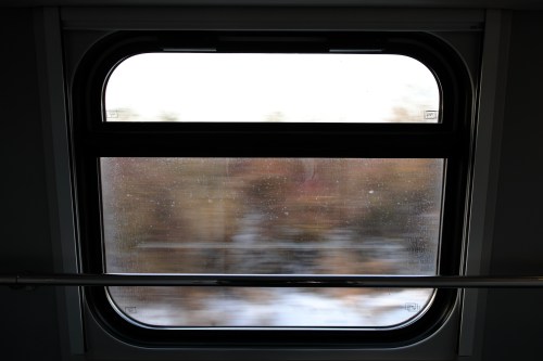 A blurred view through a train window, with condensation and reflections of the outside scenery.