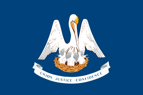 Flag of Louisiana featuring a pelican feeding its chicks in a nest, with the motto "Union, Justice, Confidence" below.