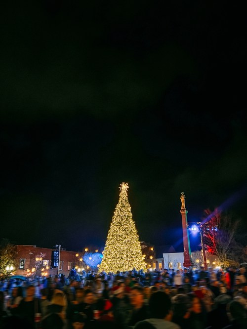 A brightly lit Christmas tree stands tall in a crowded square at night, surrounded by festive lights and decorations.