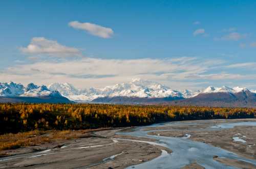 A scenic view of snow-capped mountains, a winding river, and autumn foliage under a clear blue sky.