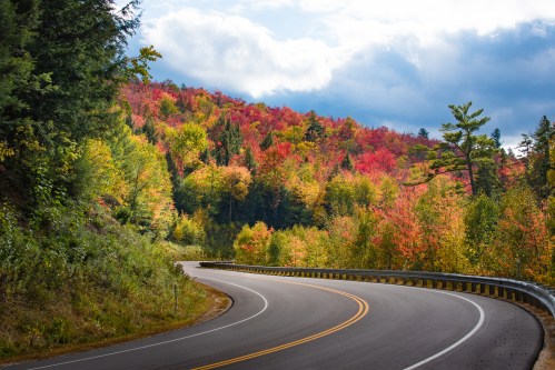 A winding road surrounded by vibrant autumn foliage in shades of red, orange, and yellow under a cloudy sky.
