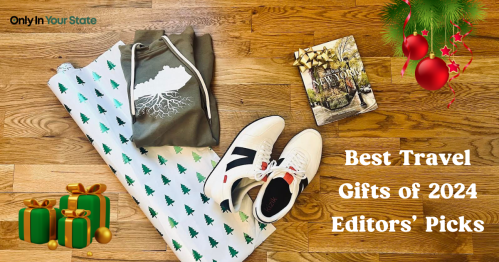 Flat lay of travel gifts for 2024: a hoodie, sneakers, a gift-wrapped book, and festive decorations.