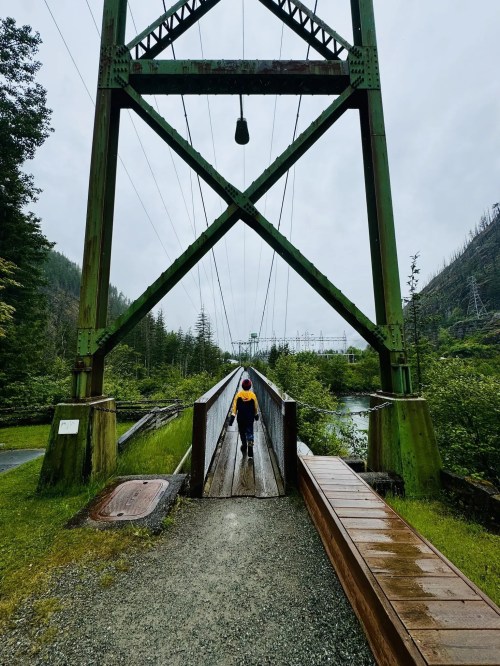 A person walks on a wooden bridge beneath a large green power tower, surrounded by lush greenery and a cloudy sky.