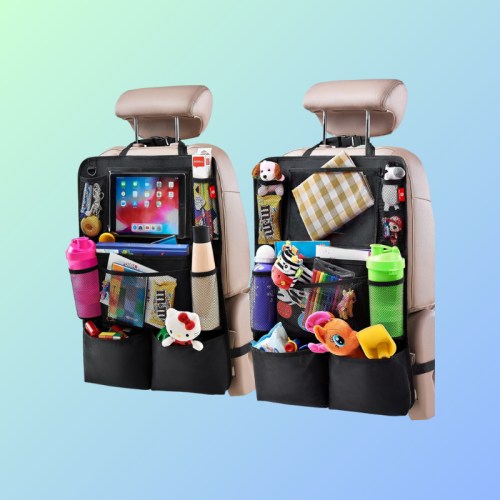 Car backseat organizer with pockets for toys, drinks, and a tablet, designed for easy access and storage.