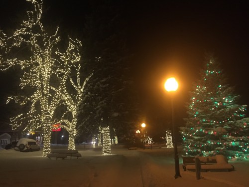 A snowy night scene with trees and a decorated Christmas tree illuminated by colorful lights and street lamps.