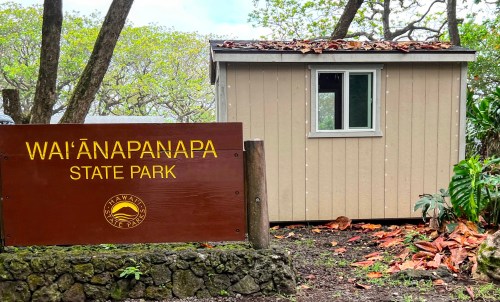 A small cabin with a leaf-covered roof next to a sign for Waiʻānapanapa State Park. Lush greenery surrounds the area.