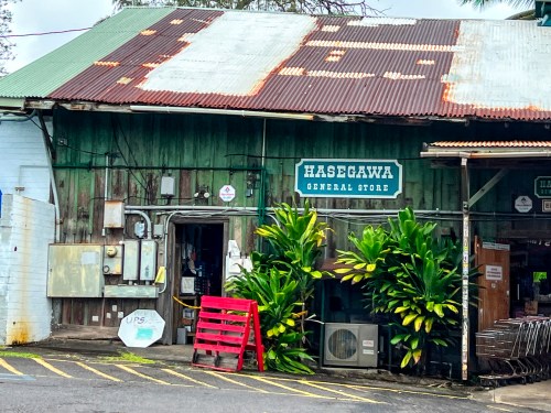 A rustic general store with a green exterior, red accents, and tropical plants in front, labeled "Hasegawa General Store."