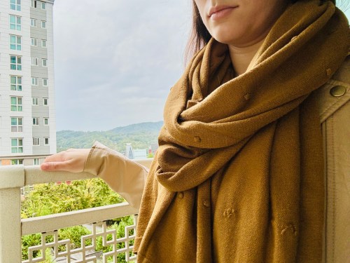 A person wearing a brown scarf stands on a balcony, overlooking a green landscape and buildings in the background.