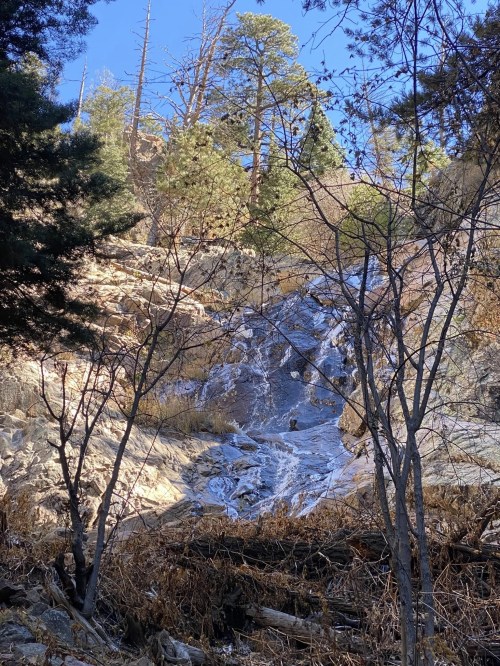A rocky waterfall surrounded by trees and dry foliage under a clear blue sky.