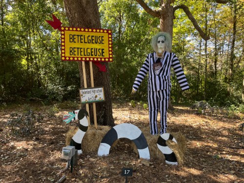 A spooky display featuring a striped figure resembling Beetlejuice next to a sign and a snake sculpture in a wooded area.