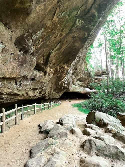 A rocky cave entrance with a dirt path and wooden fence, surrounded by lush greenery and trees.
