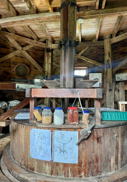 Interior of a rustic mill with wooden machinery, jars of grains, and blueprints on the wall. Natural light filters in.