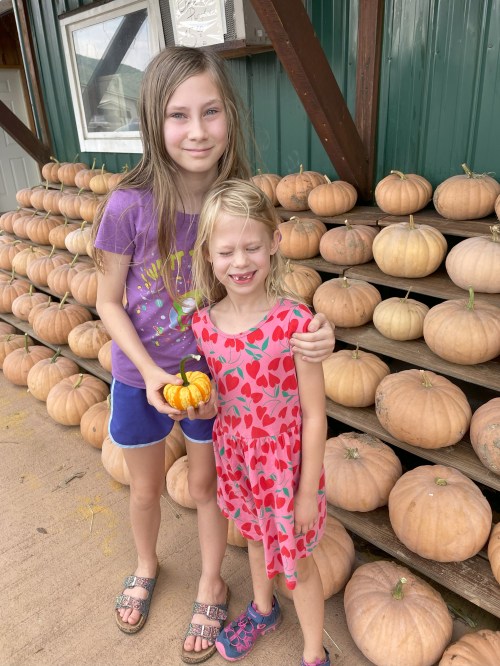 Two girls stand in front of a display of pumpkins, one holding a small pumpkin, both smiling.