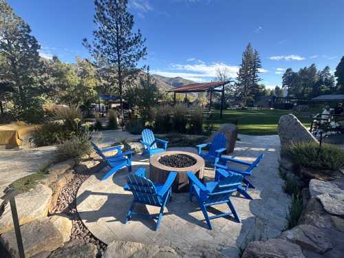 Gathering area with fire pit at Durango Hot Springs in Durango, Colorado