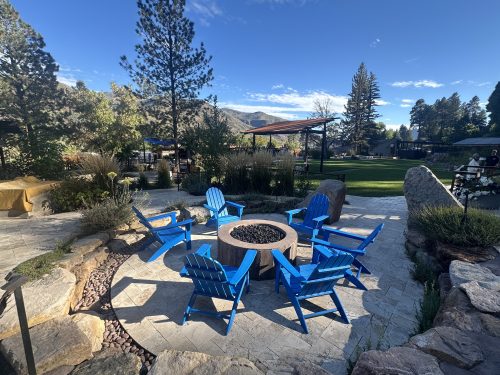 Gathering area with fire pit at Durango Hot Springs in Durango, Colorado