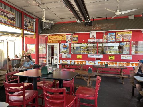 Seating area at Steve's Snappin' Dogs on Colfax Avenue in Denver, Colorado