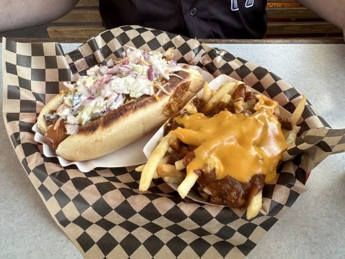 A hot dog and chili fries at Steve's Snappin' Dogs on Colfax Avenue in Denver, Colorado
