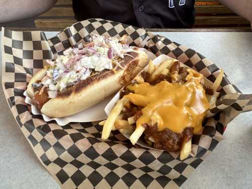 A hot dog and chili fries at Steve's Snappin' Dogs on Colfax Avenue in Denver, Colorado