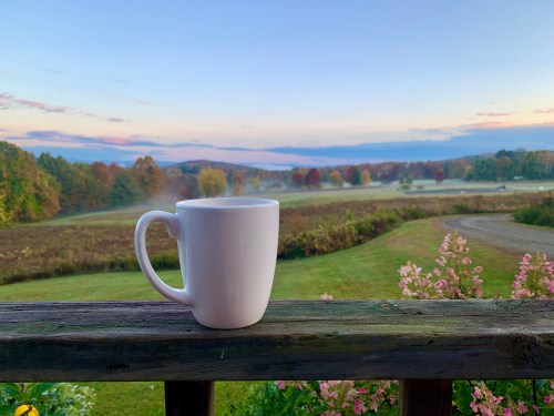 A white mug sits on a wooden railing, overlooking a serene landscape of rolling hills and colorful autumn trees.