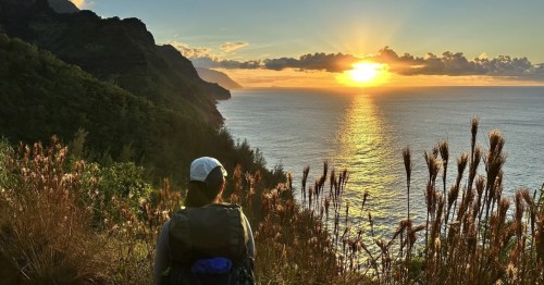 Hiker watching a vibrant sunset over the ocean from a lush, mountainous coastline with tall grasses.