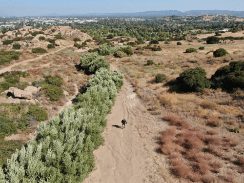Aerial view of a person walking along a dirt path bordered by greenery, with hills and a cityscape in the background.