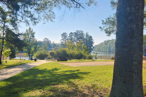 A serene lakeside view with trees, a walking path, and clear blue skies reflecting on the water.