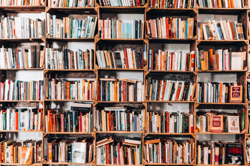 A wooden bookshelf filled with a variety of colorful books arranged neatly in rows.