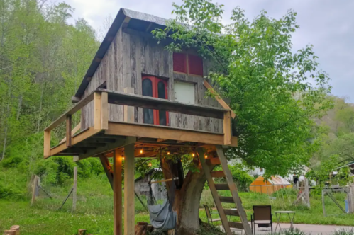 A rustic treehouse with wooden walls, red accents, and a balcony, nestled among green trees and grass.