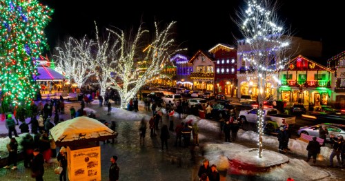 Looking down the Main Street of Leavenworth, Washington, during the town's annual Village of Lights event.