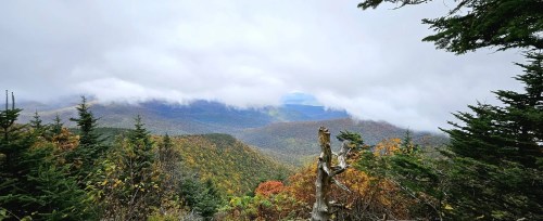 A misty mountain landscape with colorful autumn foliage and clouds rolling over the peaks.