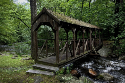 A rustic wooden covered bridge over a small stream, surrounded by lush green trees and rocky terrain.