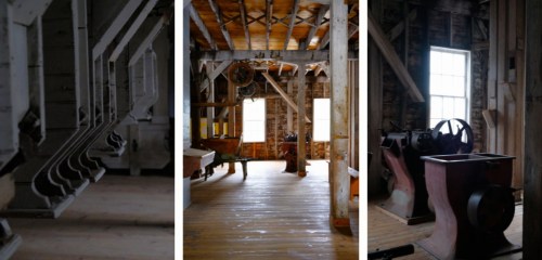Three images of an old wooden building interior, featuring machinery, beams, and large windows.
