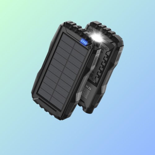 A rugged solar power bank with a flashlight, set against a gradient background.
